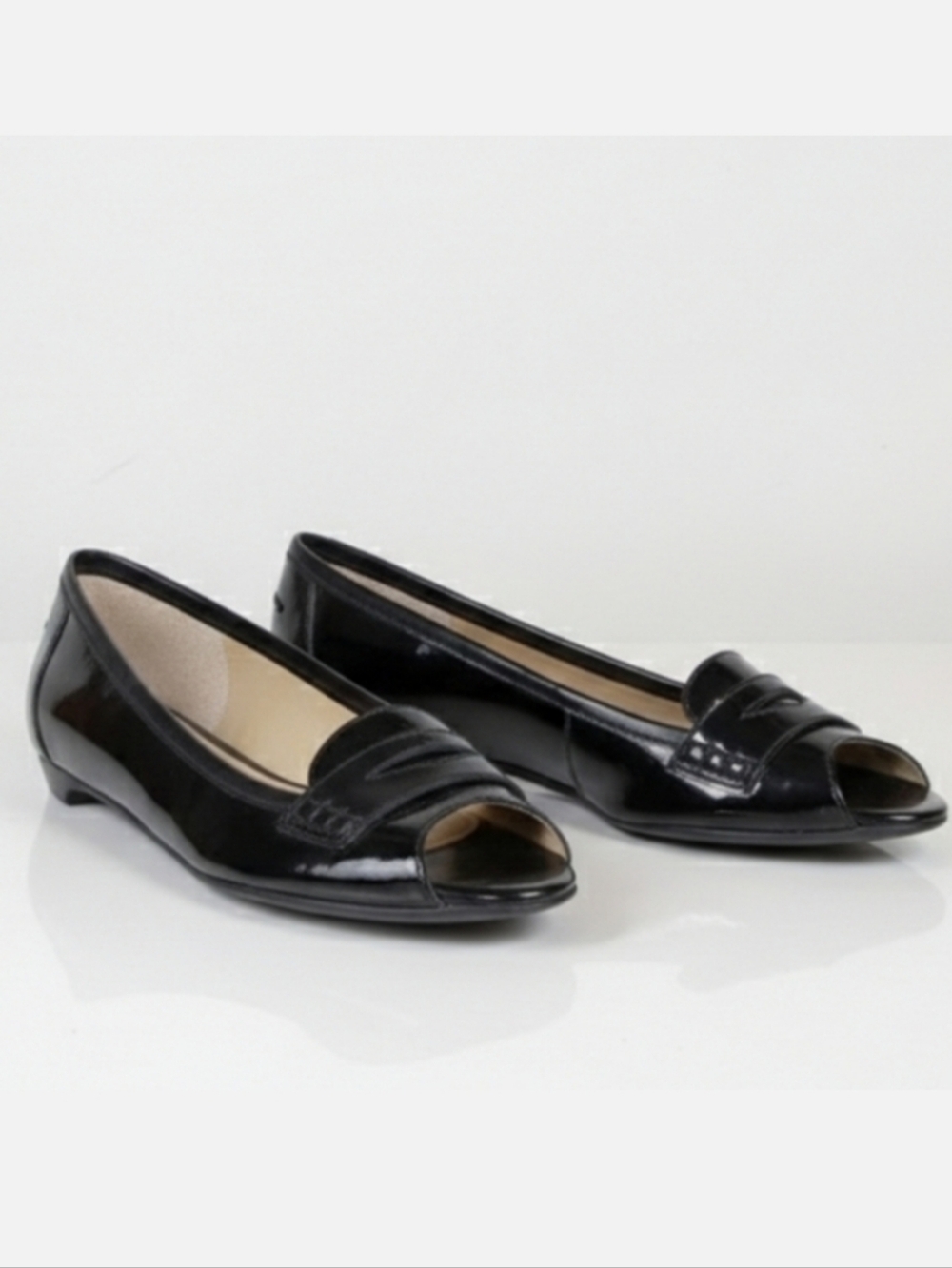 Talbots Patent Leather Peep Toe Penny Loafers Flats Black Womens Size 6.5
